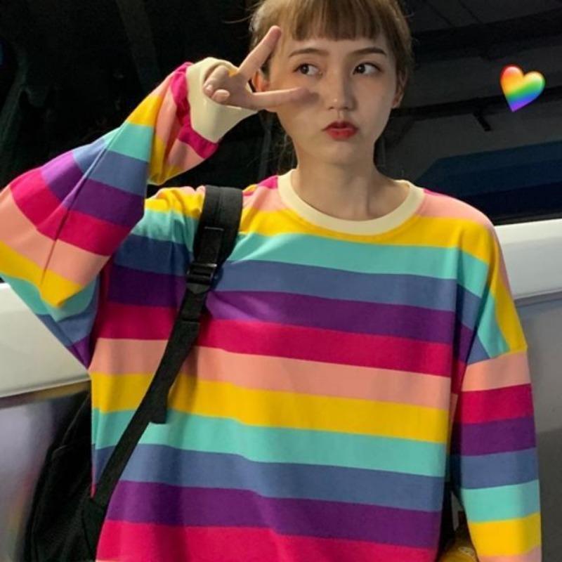 

Осенняя новая тонкая женская футболка с длинными рукавами в радужную полоску, женская свободная футболка в стиле Харадзюку, интернет-знаменитость, тот же стиль, топ 2XL