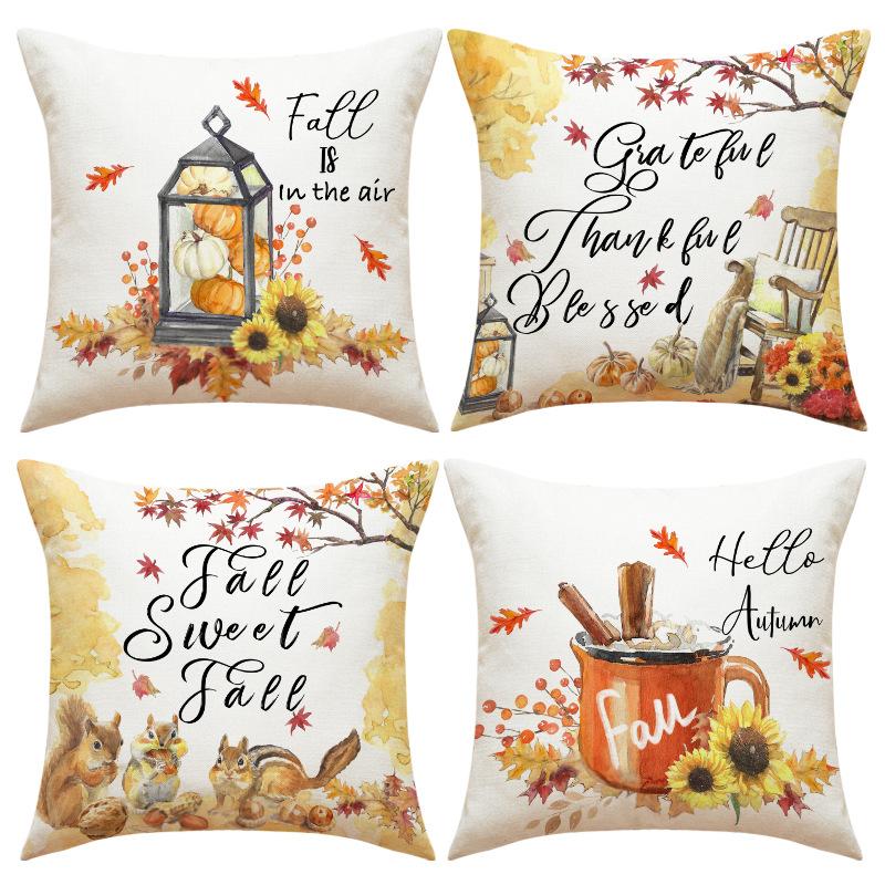 Autumn Maple Leaf Printed Cushion Cover Harvest Festival Farmhouse Decor Sofa Cushion Cover Linen Letter Print Cushion Cover