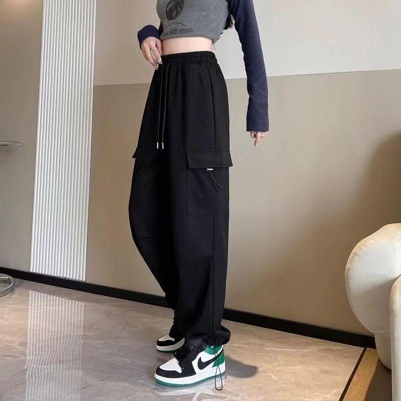 Korean Style Wide-Leg Cargo Sweatpants for Women, Velvet-Lined, Thickened, High-Waisted, Slimming, Straight Leg, for Autumn/Winter. M