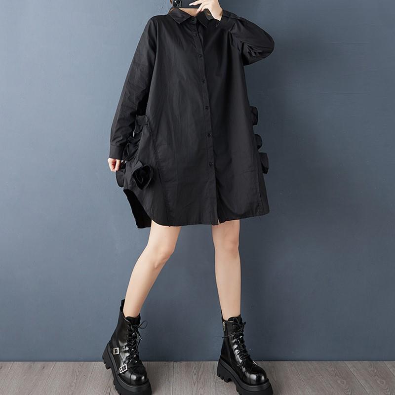 

Платье-рубашка миди с длинным рукавом, больших размеров, винтажное, с цветочным принтом, новинка, для женщин, повседневное, свободного кроя, весенне-осеннее чёрный