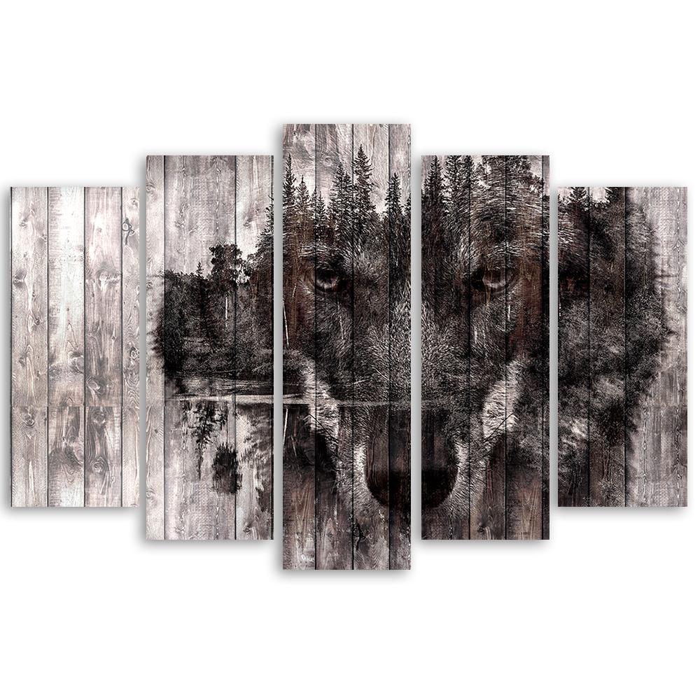 Five Piece Picture Canvas Print Wolf Forest Retro