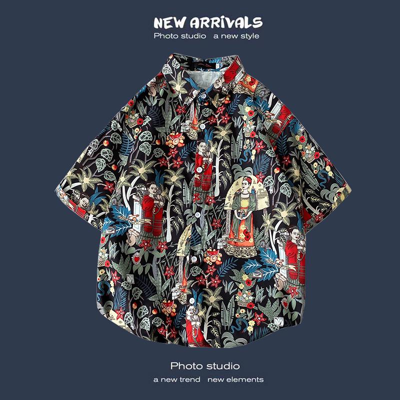 Letnia Koreańska Retro Kwiatowa Para Luźna Koszula z Krótkim Rękawem - Męski Modny Styl