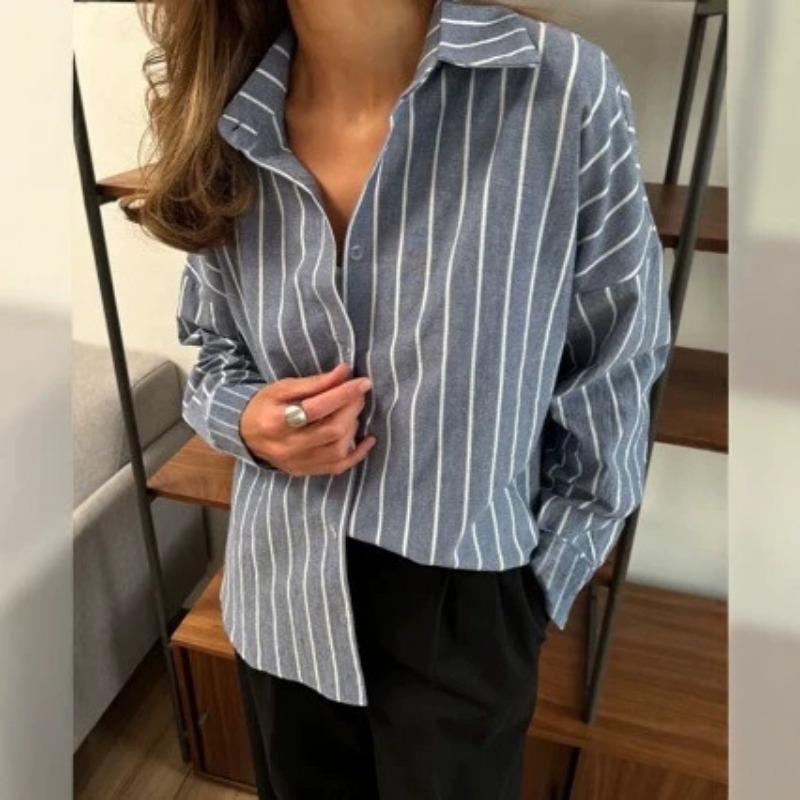 Women Loose Long Sleeve Striped Cardigan Shirt Blouse Outerwear