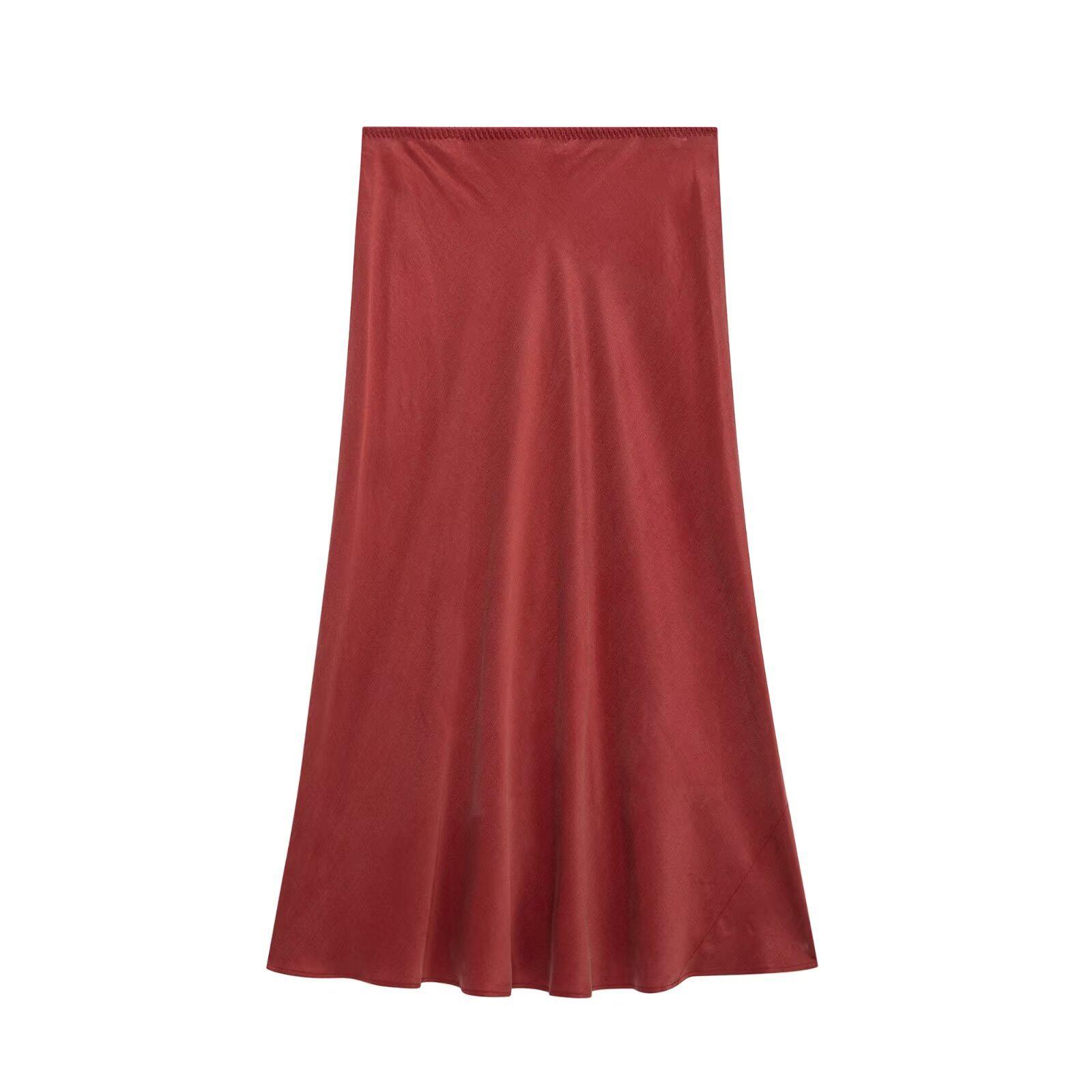 

Универсальная женская однотонная миди-юбка из шелкового сатина, завышенная талия, стройнящая Medium вино красного