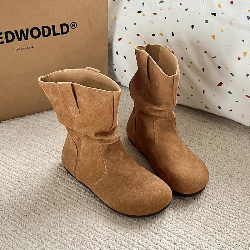 

Spring Autumn Vintage Women Flats Ankle Boots Shoes Fashion Round Toe Slip On Pleated Short Booties 39