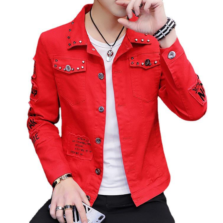 2023 Spring Men's Korean Style Distressed Denim Rivet Jacket