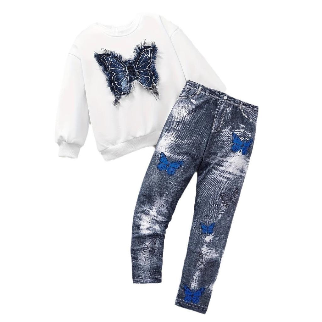 Modisches Kapuzenpullover & Jeans-ähnliches Freizeit Hosen Set für Mädchen - Sommer Kinder Set