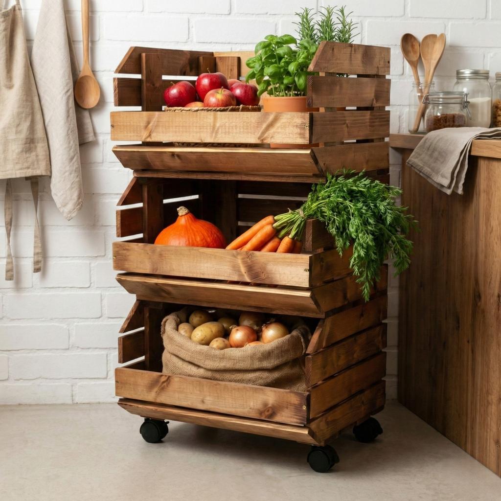 Modular Shelf on Wheels, Wooden Fruit and Vegetable Trolley, Brown | GoodFreshDecor