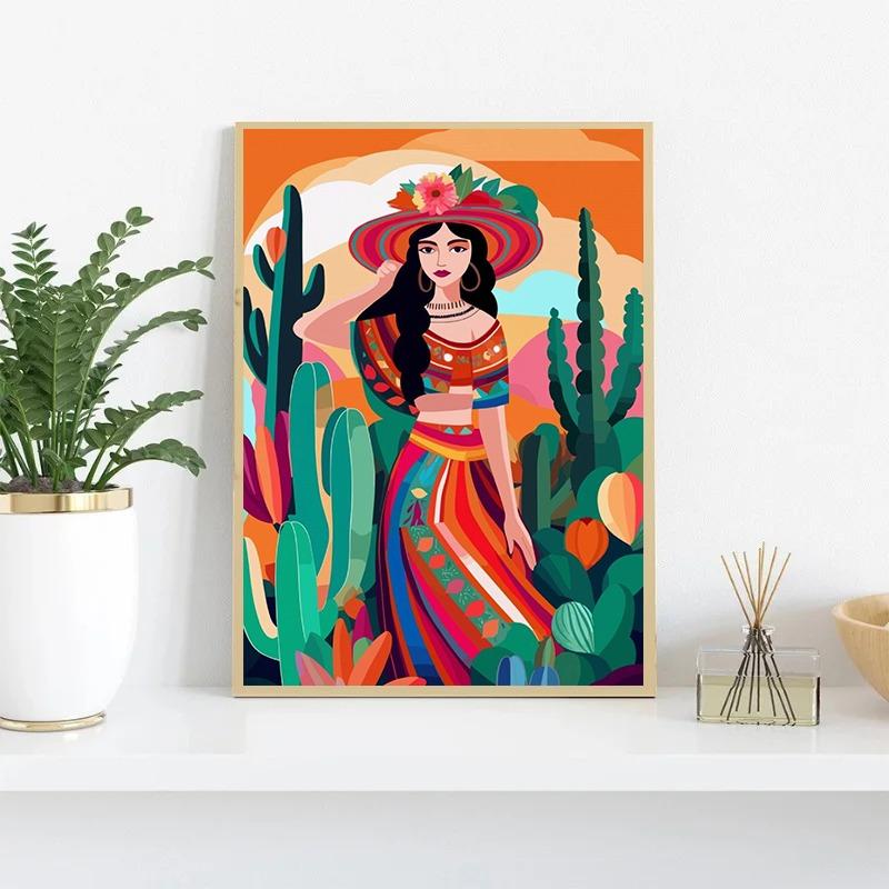 Woman Flower Plants Ethnic Latinx Poster Print Canvas Painting Latina Eclectic Maximalist Wall Art Picture for Room Home Decor
