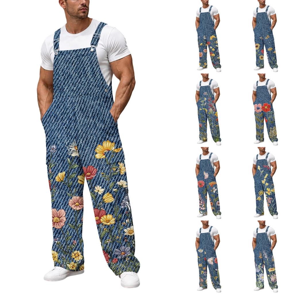 Men's Loose Fit Cargo Overalls Wide Leg Jumpsuit with Multi-Pocket Utility Pockets
