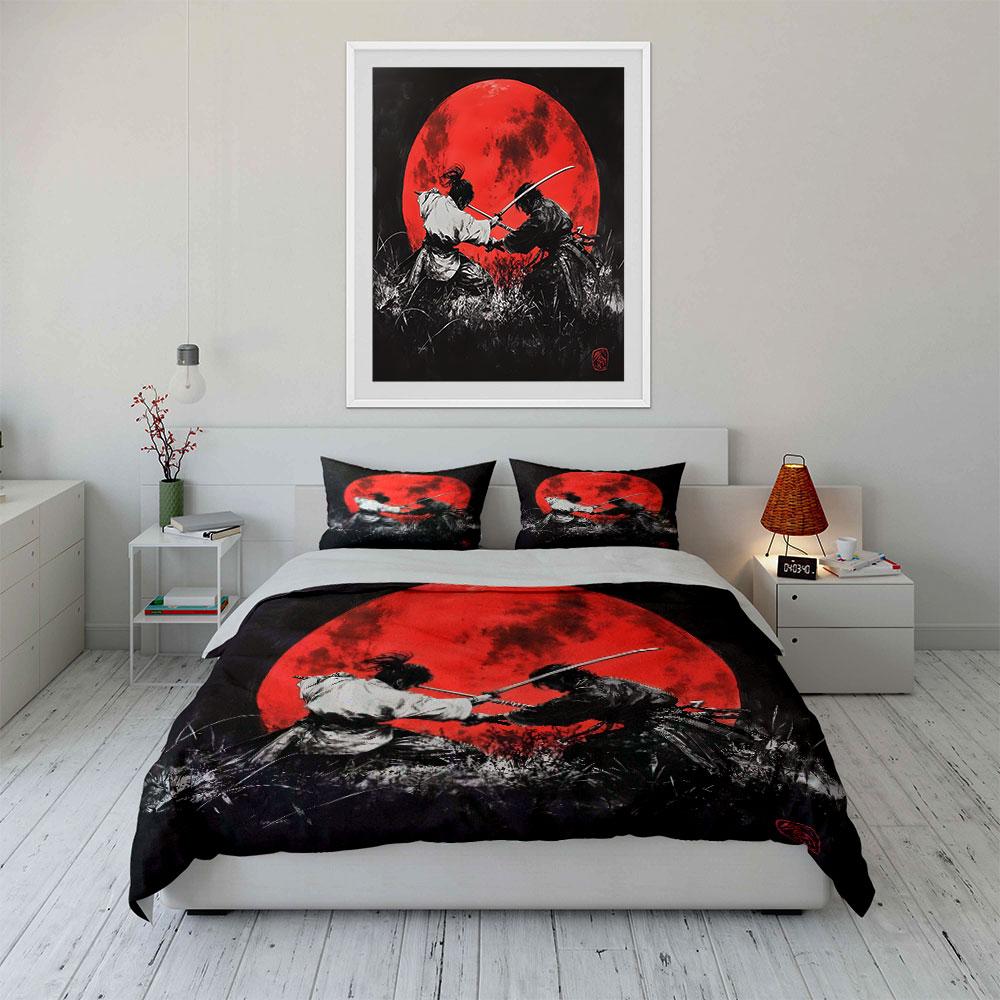 Samurai Duel Under Red Moon Bedding Duvet Cover Set  (1*Duvet Cover 2*Pillowcases, without duvet insert)