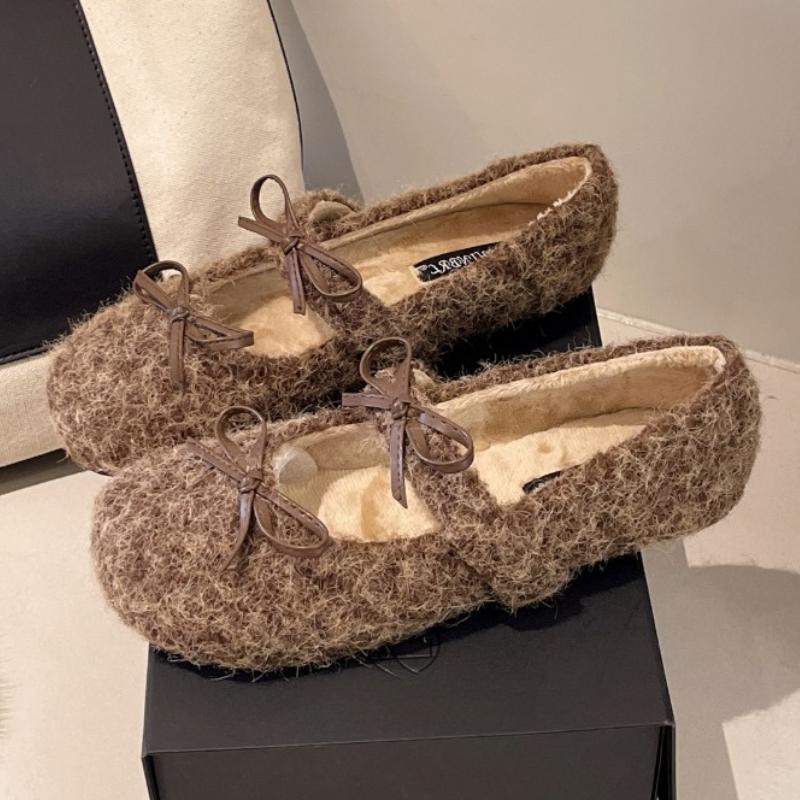 Autumn Warm Plush Mary Jane Shoes Women Sweet Bow Decorate Low Heel Pumps Cozy Soft Sole Non-slip Designer Shoe Zapatos De Mujer