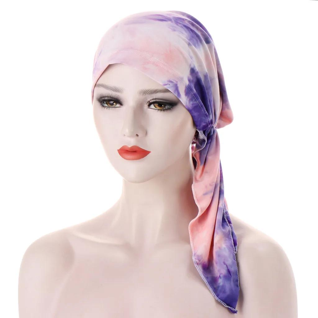 Women Printed Turban Cap Muslim Hijab Inner Caps Beanies Bonnet Long Tail Headscarf Strech Bandana Hat