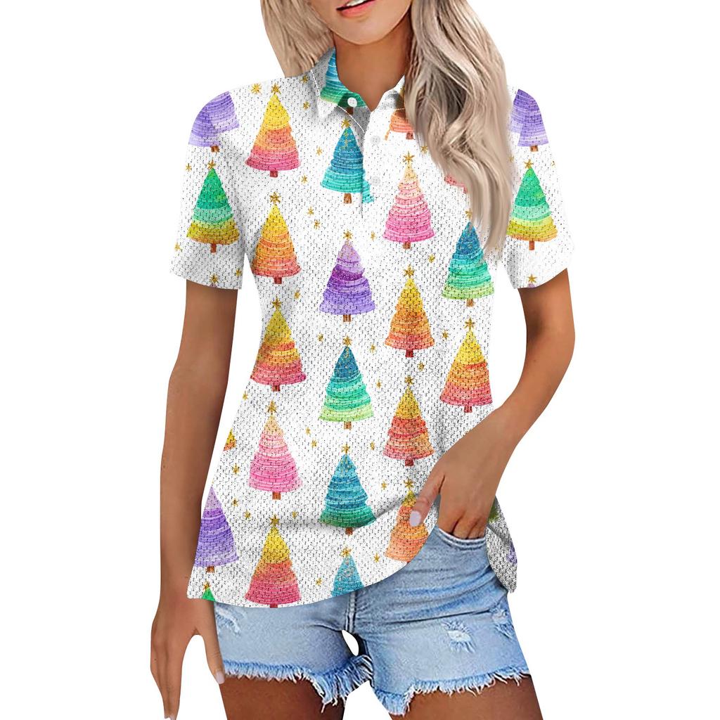 Dámská móda Neformální košile s potiskem s klopou a krátkým rukávem Dámské topy se zapínáním na knoflíky