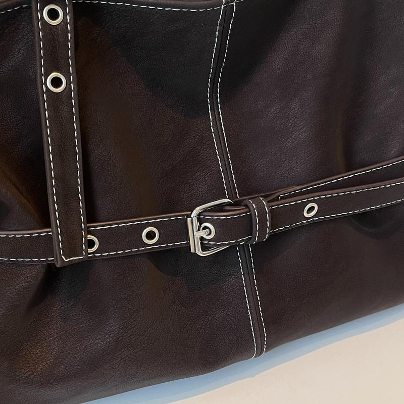 Womens Casual PU Leather Tote Bag Belt Buckle Detail Stitch Accent Large Capacity Minimalist Daily Bag for Commute Travel Everyday Use Durable