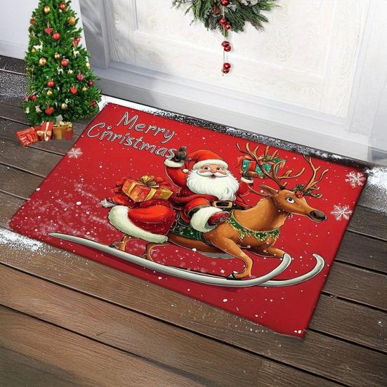 Christmas Themed Pattern Floor Mat Anti-Slip Bottom Soft Comfortable Faux Cashmere Rug Vibrant Color Door Rug