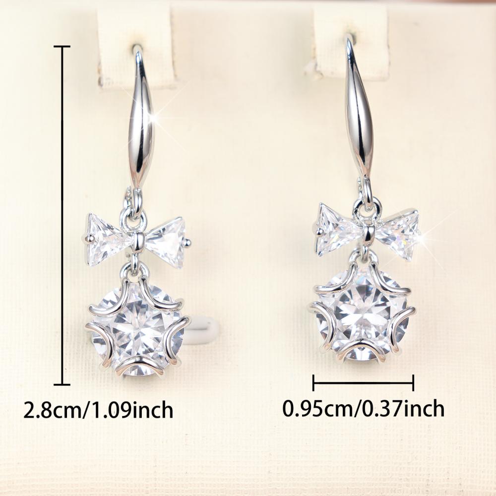 Elegant Silver Color Bowknot Clear Zircon Drop Earrings for Women Daily Wear and Party