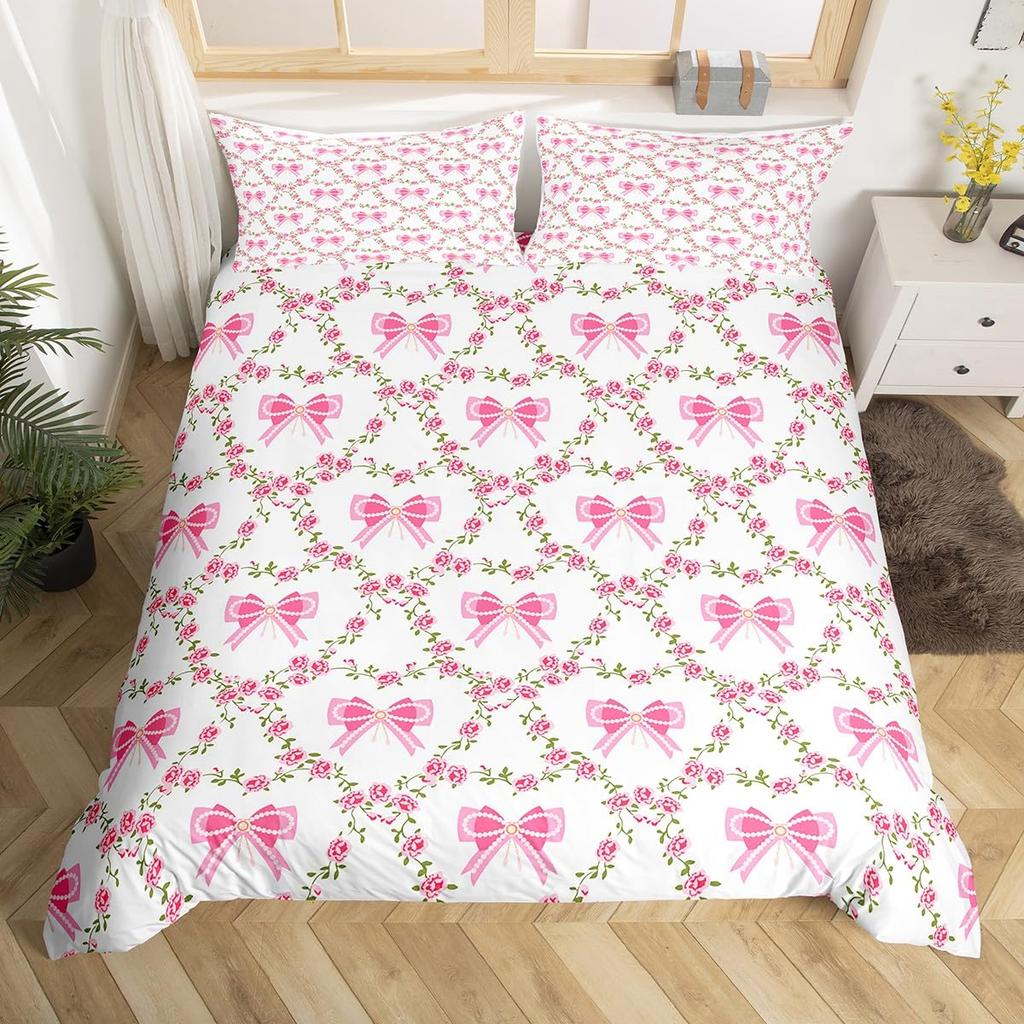 Princess Bowknot Duvet Cover Red Strawberry Polka Dots Bedding Set Hand Drawn Cartoon Comforter Cover Dreamy Fairy Quilt Cover