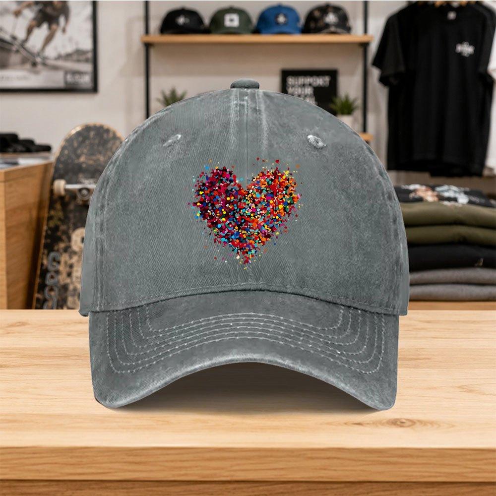 1pc New Colorful Heart Print Washed Baseball Cap Premium Versatile Outdoor Accessory Unisex Duckbill Cap Fashionable Trendy C
