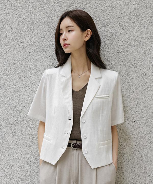 Frenchchic Chiccro Linen Semi-Crop Short Sleeve Jacket_F6H438Jk