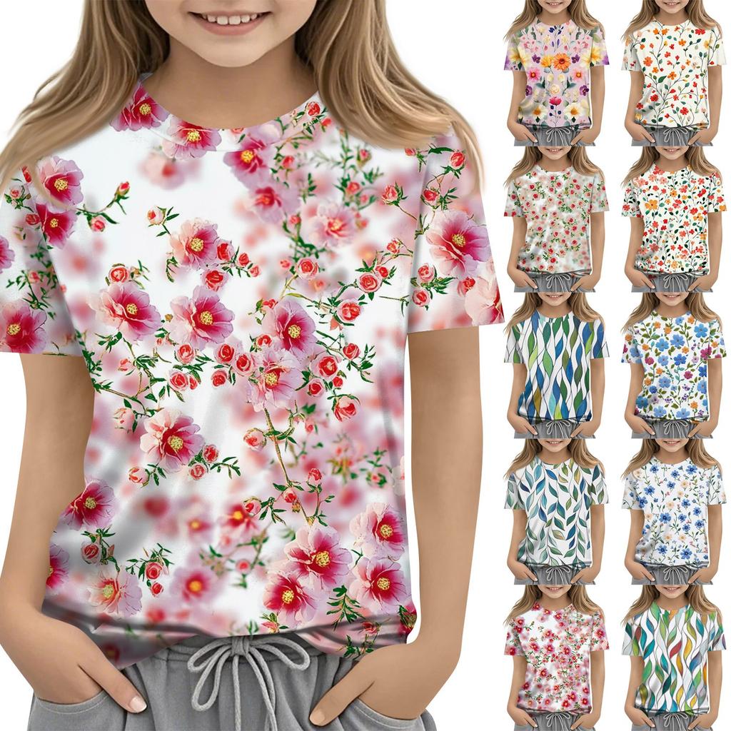 Summer Round Neck 3D Floral Printed Top Fashionable Casual Short Sleeved Children's Girl T-shirts