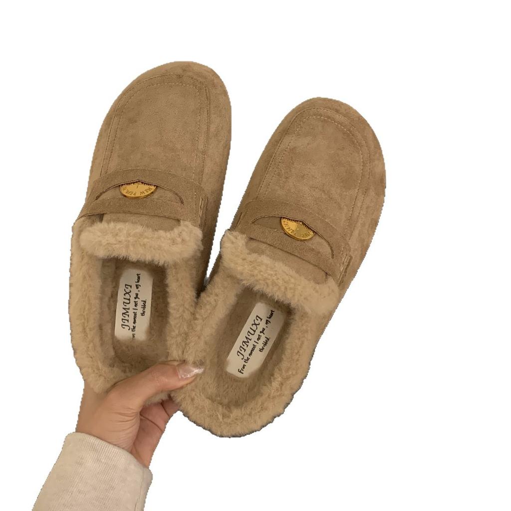 Thick-soled Plush Shoes Bag Head Half Slippers Women's Shoes Wear 2025 Autumn and Winter Half Toboken Shoes