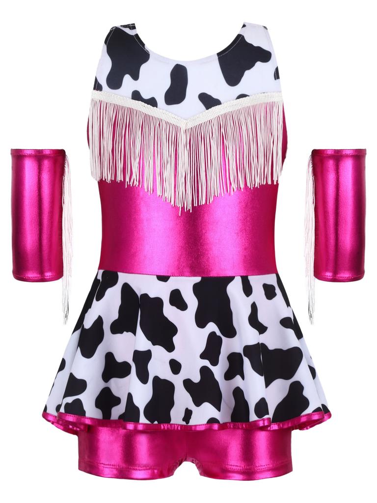 Girls Cowgirl Costume for Cosplay Party Metallic Gloss Cross Back Straps Fringed Dress with Built-in Shorts