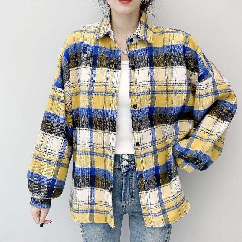 Damen Verdicktes Gebürstetes Karoshirt: Lockere Passform im koreanischen Stil, figurschmeichelnde Langarmbluse für Herbst und Frühling.