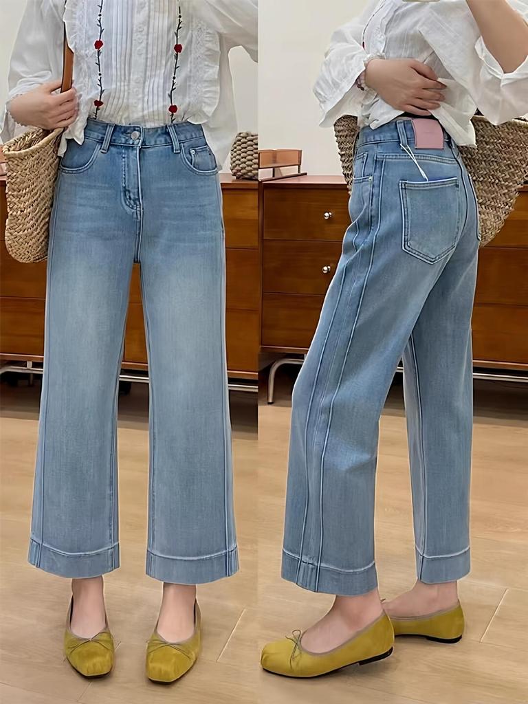 Plus Size White High Waist Straight Leg Jeans for Women - Slimming Chubby Girls’ Petite Cropped Elastic Pants for Autumn