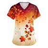 Women's V-Neck Short Sleeve Scrub Top with Pockets Maple Leaf Print Side Slit Caregiver Uniform