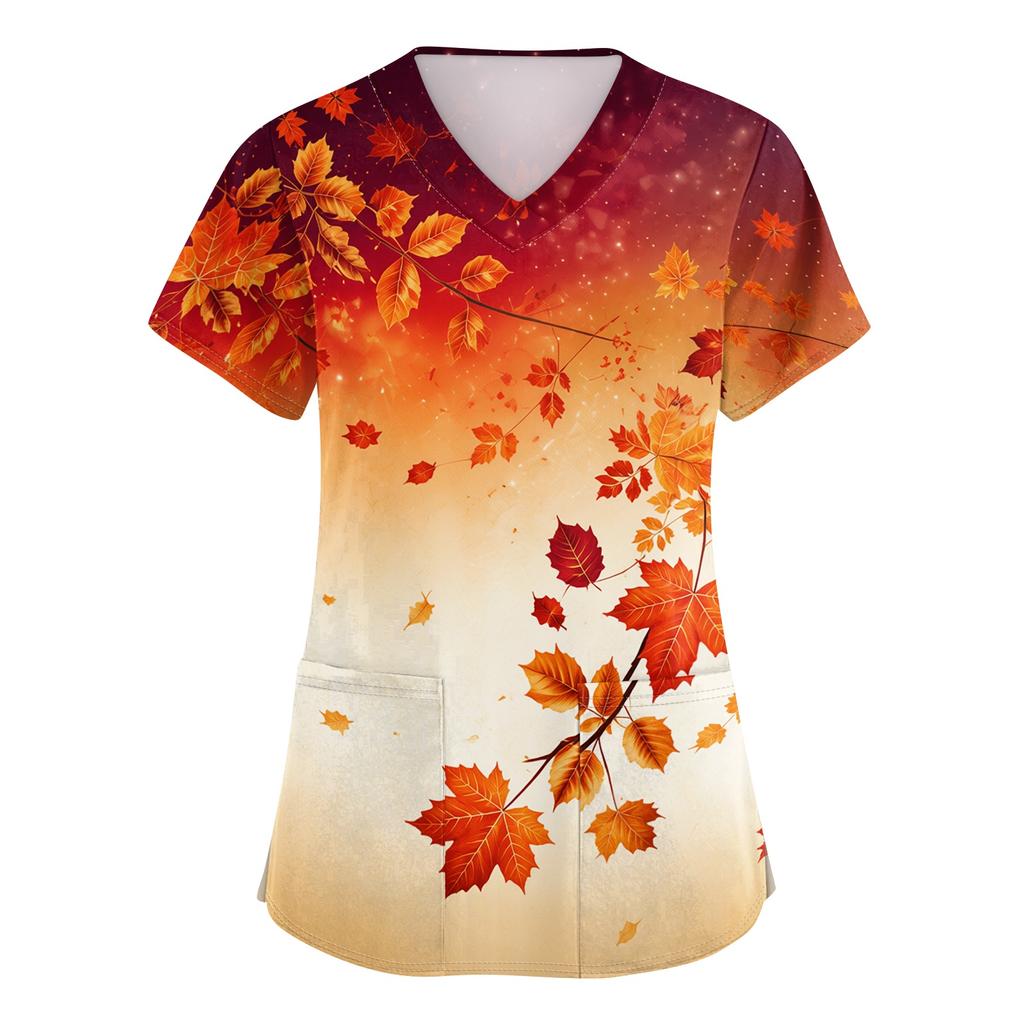 Women's V-Neck Short Sleeve Scrub Top with Pockets Maple Leaf Print Side Slit Caregiver Uniform