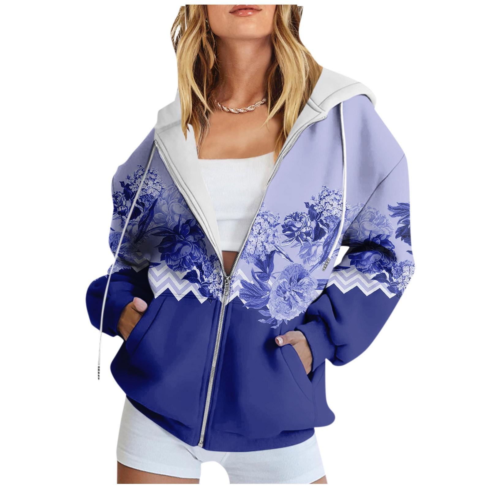 

Жіноча толстовка з довгим рукавом і квітковим принтом, куртка з кишенею і довгим рукавом, толстовка з капюшоном на блискавці M синій