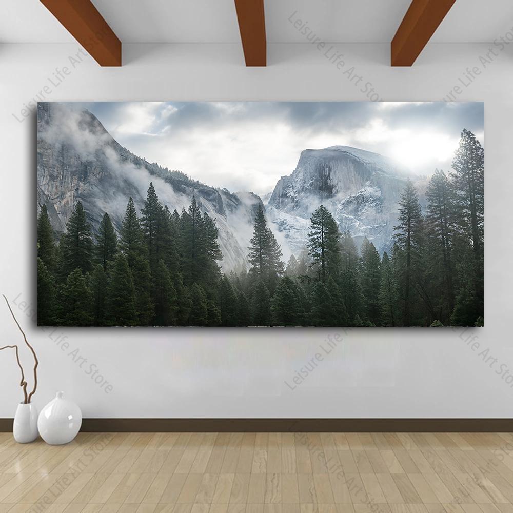 Modern Misty Forest Mountain Wall Art Canvas Painting Natural Landscape Pictures Posters Pine Forest Wall Art Living Room Decor