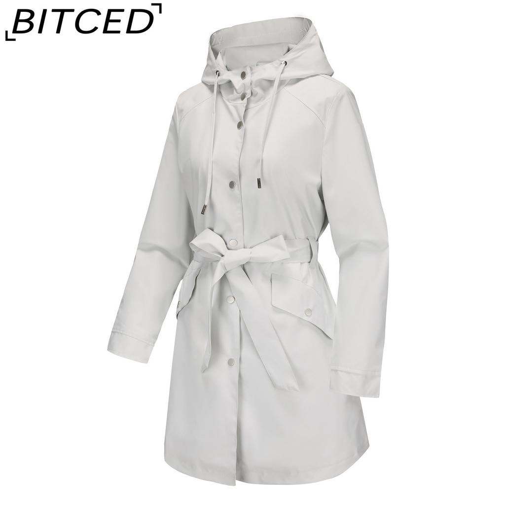 BITCED Women's Spring/Autumn Hooded Water-Resistant Jacket with Belted Waist Lightweight Casual Oversized Trench Coat