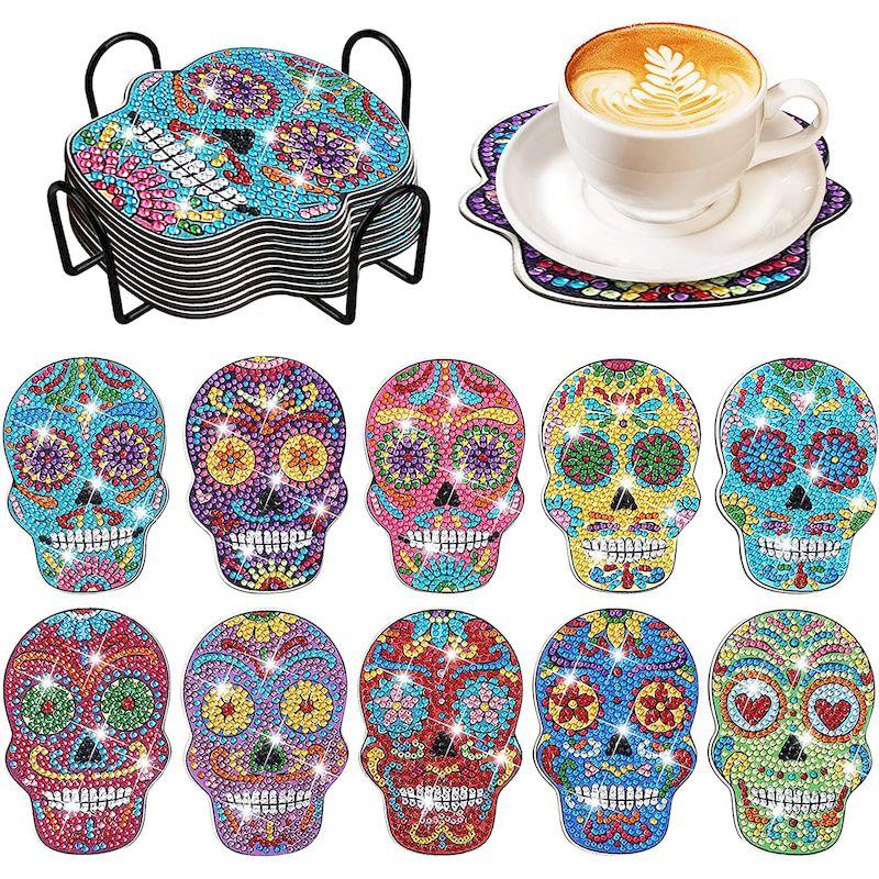 

10 шт. подставки для стаканов с алмазной росписью и держателем, наборы для самостоятельной сборки подставок с черепом для взрослых, принадлежности для рукоделия с алмазной росписью