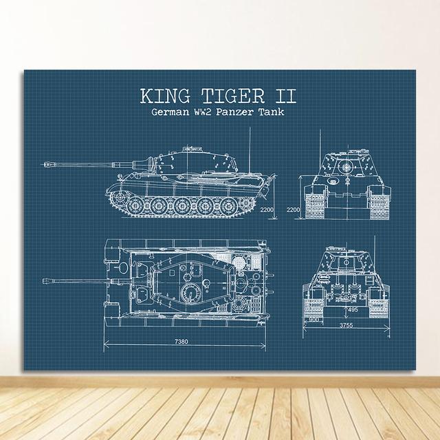 And Prints German Tank King Tiger 2 Blueprint Art Canvas Painting Boys Gifts Wall Art Decor WW2 Tank Patent Vintage Posters