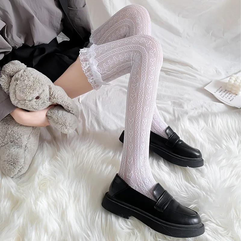 Spring Autumn Thin Lace Hollow White Thigh High Lolita Socks For Women Jk Cute Black Long Stockings