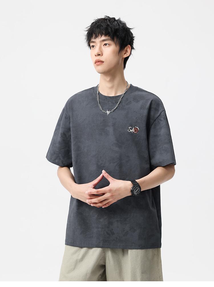 Heavy Duty Retro Wax Dyed Embroidered Short Sleeved T-shirt for Men's Summer Loose Half Sleeved Base Shirt