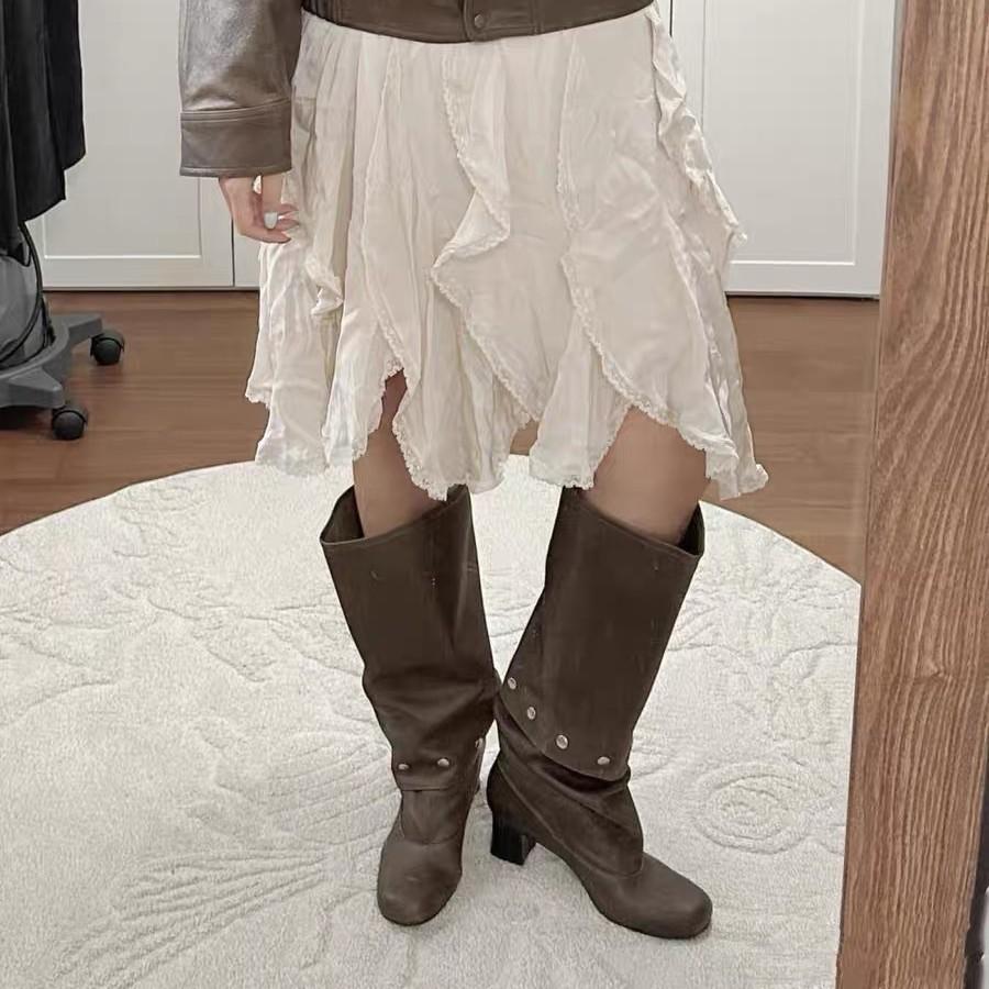 Two-wear removable knee-length boots, new retro thick-heeled rivets, thin tall stacking boots