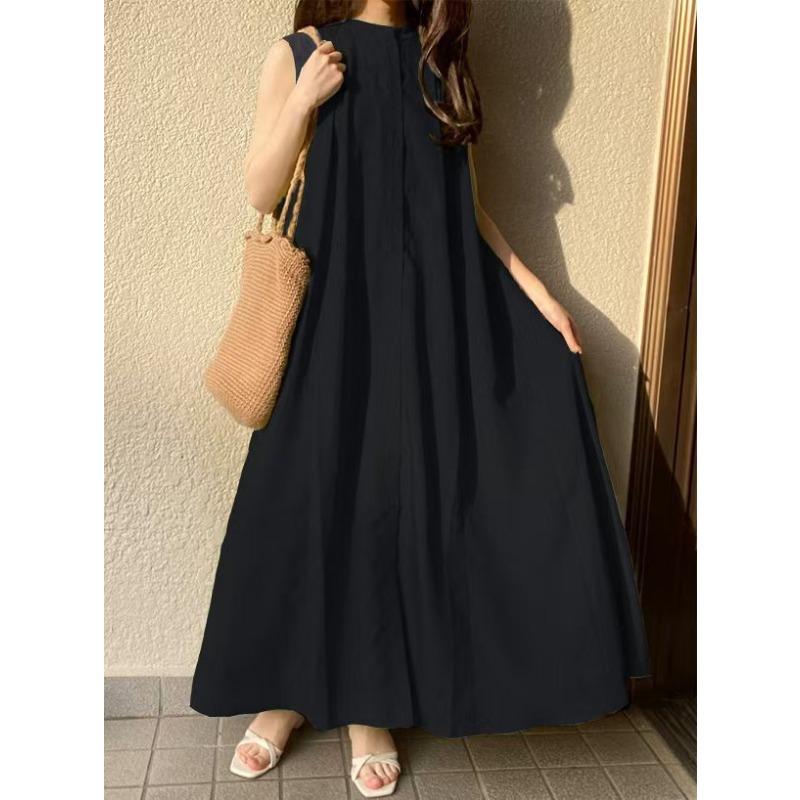 

Korean Chic Minimalism Summer New Temperament Round Neck Pleated Waist Thin Sleeveless Vest Dress Women One Size чорний