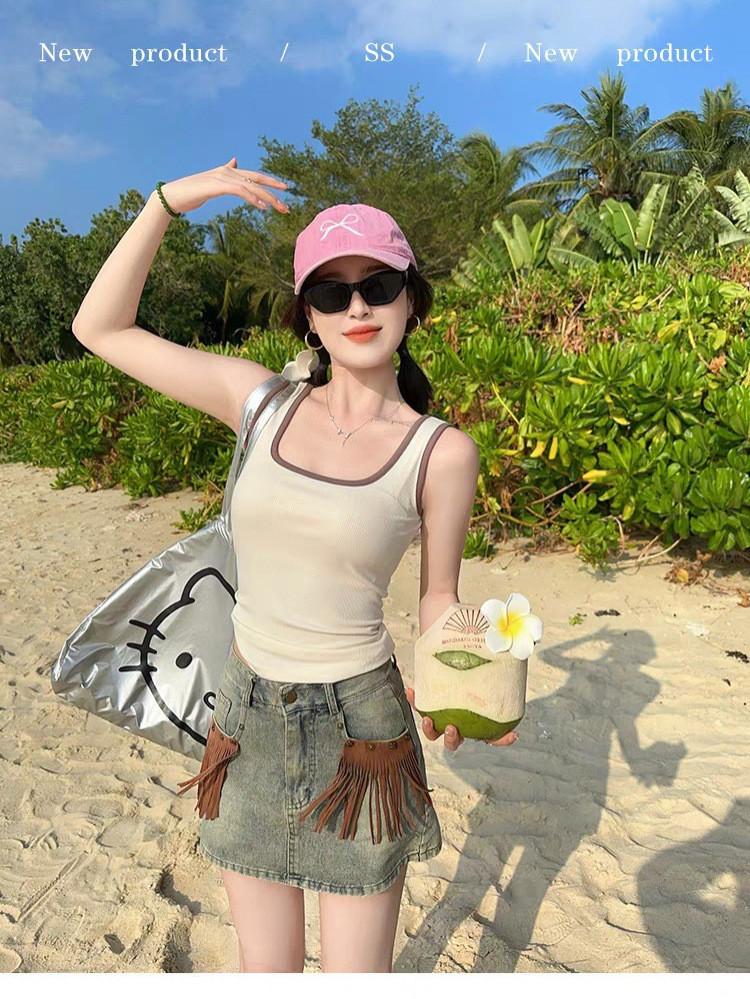 Womens Summer Spliced Cotton Ribbed Tank Top With Builtin Bra For Casual Wear