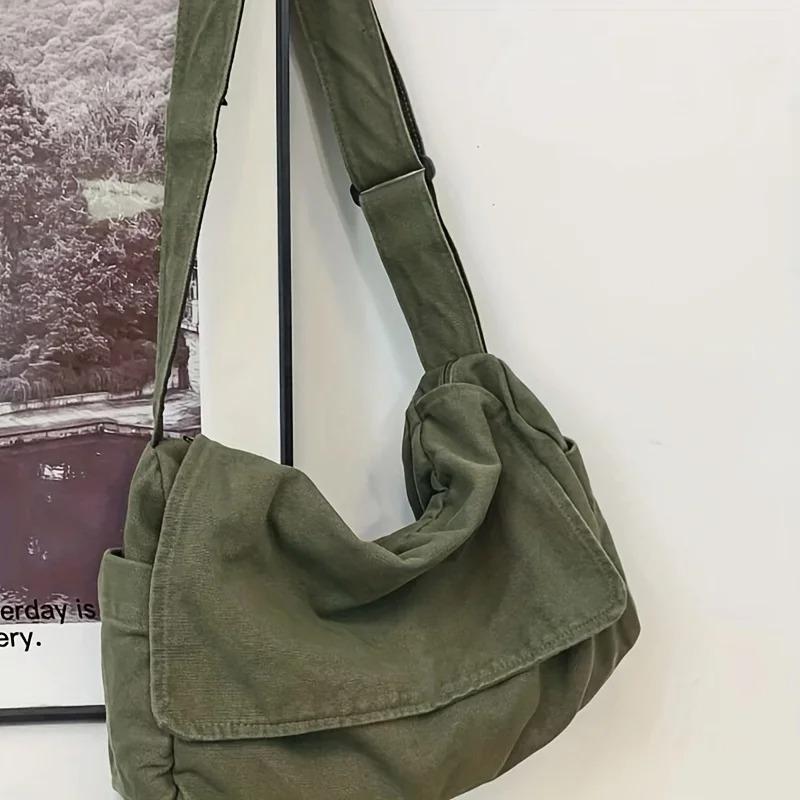 Water-washed canvas sling bag, trendy large-capacity shoulder bag, casual solid colour, student fashion messenger bag