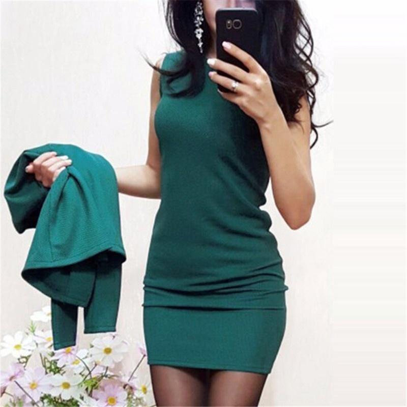 

Женские сексуальные карьерные костюмы с круглым вырезом без рукавов, однотонное тонкое платье, пальто с длинным рукавом, OL костюмы L зелёный