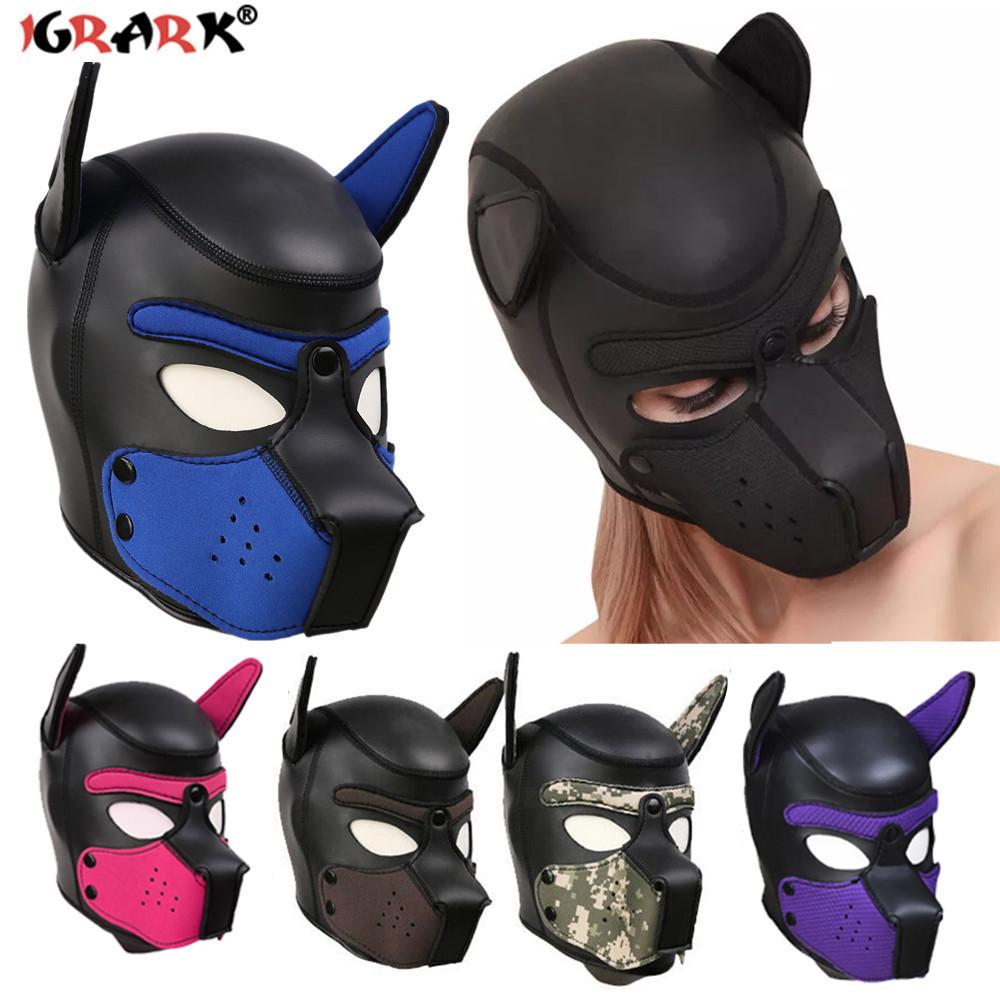 Puppy Play Dog Hood Mask Neck Collar  Bondage Hood Mask Restraint Harness Full Head Ears Halloween Mask Sex Toy For Couples