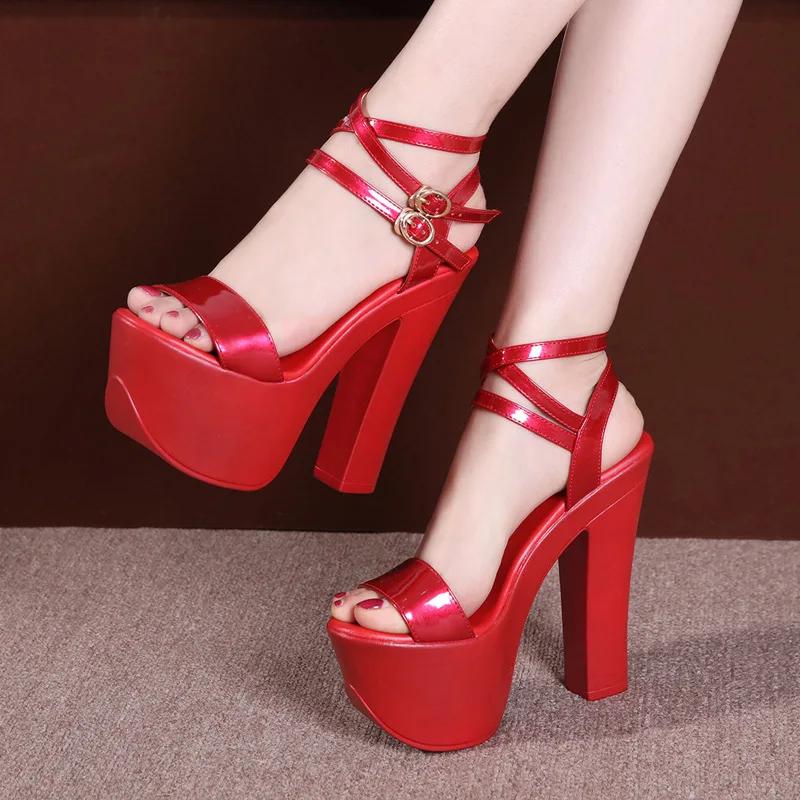 14cm Klein formaat 32-43 Sexy Enkelbandje Fel Leer Schoenen Platform Sandalen 2025 Extreem Blok Hoge Hak Sandalen Model Jurk