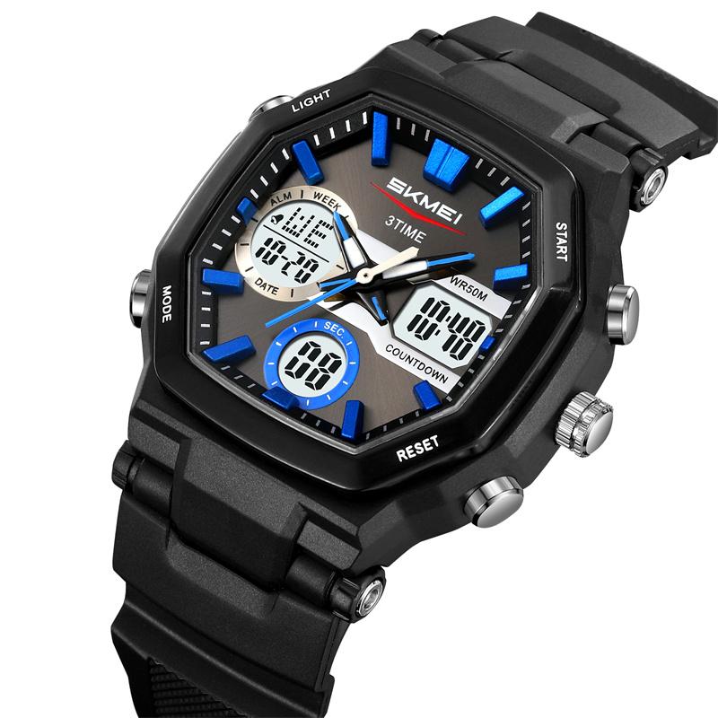 Skmei Unisex Sports Watches with Calendar Analog Digital Display LED Waterproof Three Time Zones 12 24 Hour Alarm Clock Male