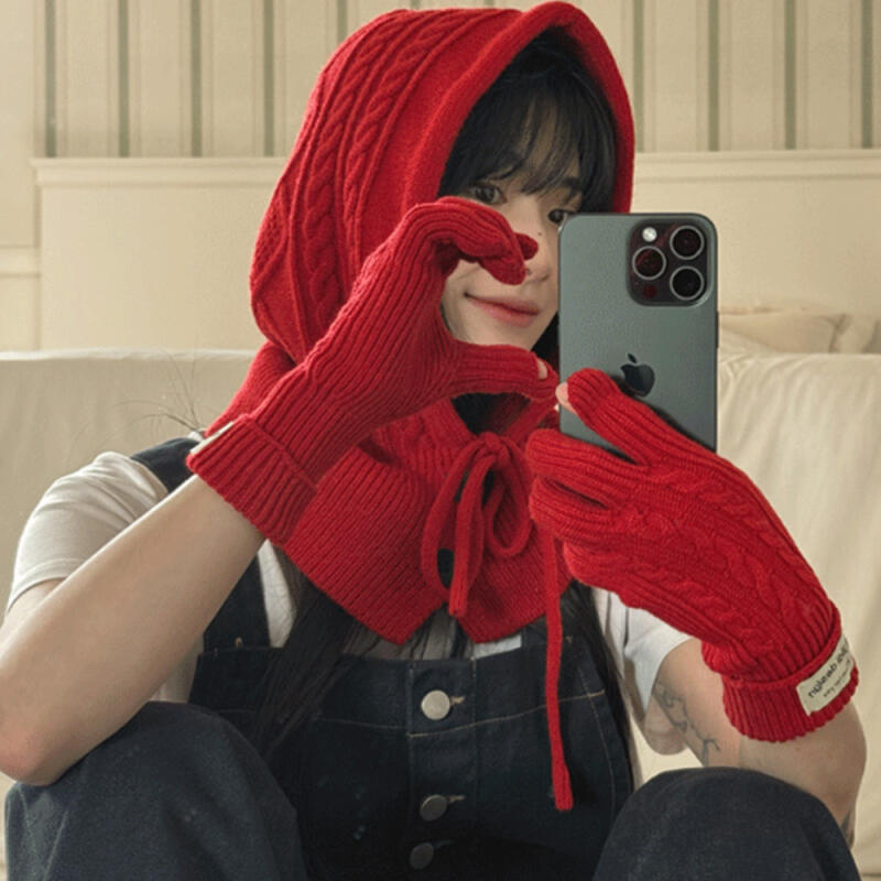 [КОМПЛЕКТАЦИЯ] Зимние перчатки и балаклава с пуговицами, вязаные косами Red