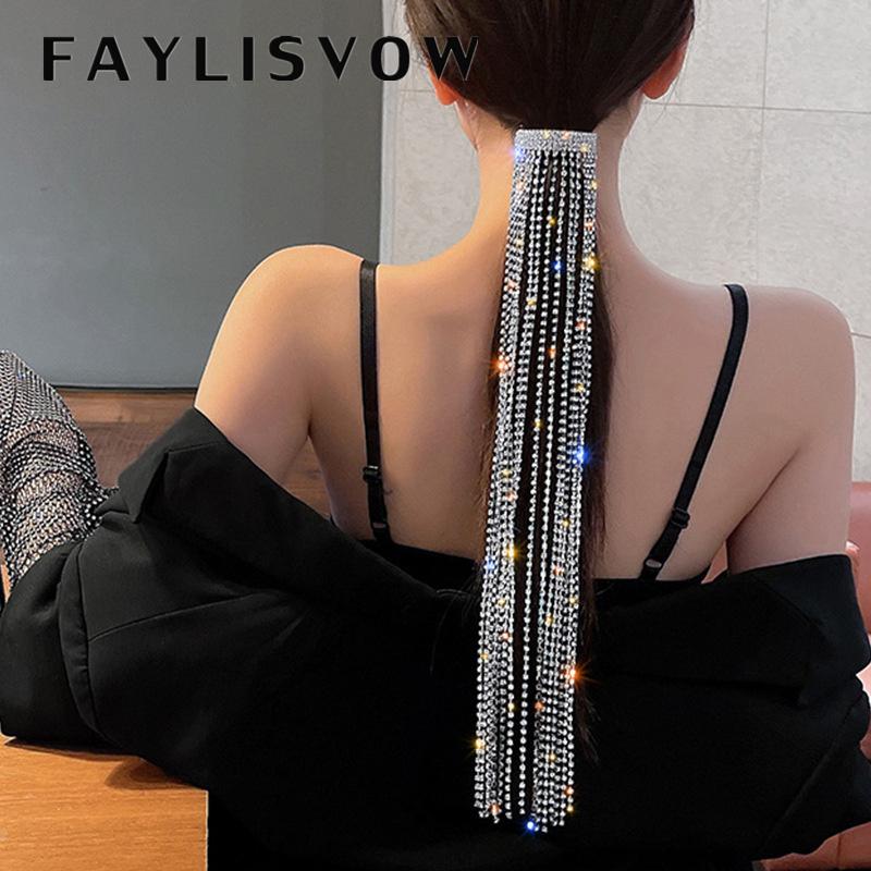 Faylisvow Shine Full Rhinestone Hairpins for Women Bijoux Long Tassel Crystal Hair Accessories Wedding Banquet Jewelry