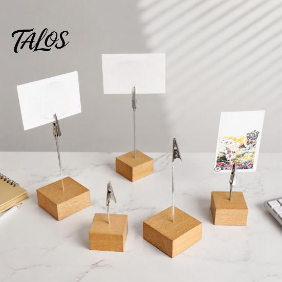 Wooden Bill Fork Cube Memo Clip Stand, Note Display Solid Wood Square Base Office Document Stand Card Holder, Vertical Receipt Holder for Wedding