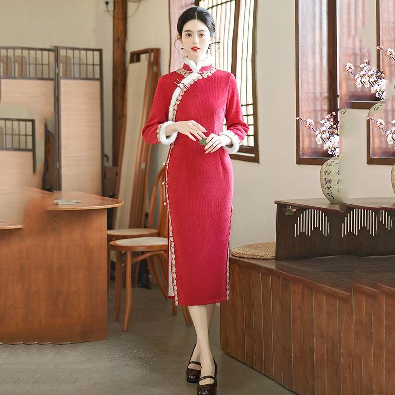 Womens Winter Chenille Qipao Dress Long Sleeve Stand Collar Retro Chinese Style Thick Warm Coat